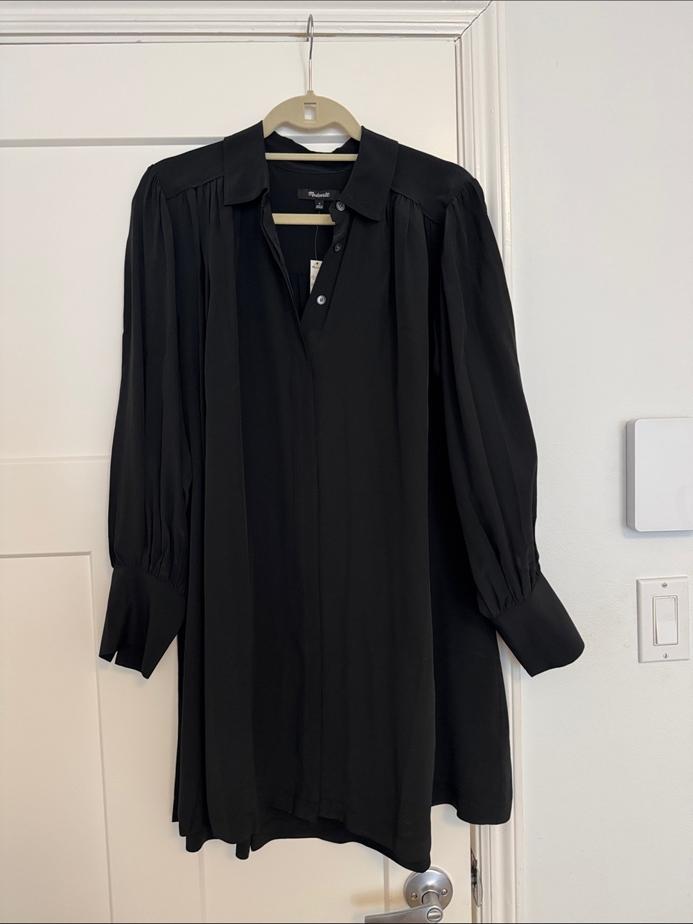 Madewell Relaxed Button-Front Black Long-Sleeve Flowy Swing Shirt Mini Dress